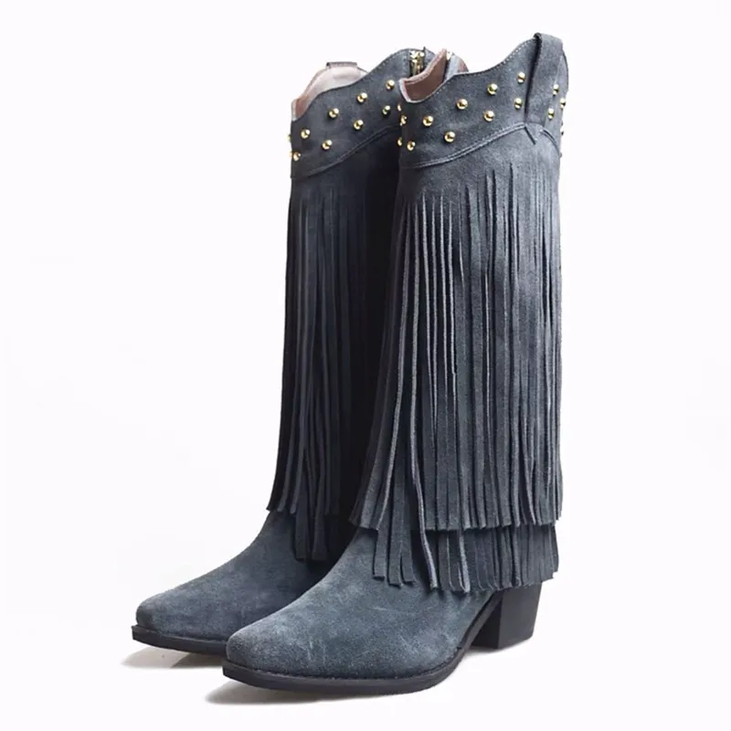 Botas de media caña con tachuelas para mujer, botines de ante con remaches  grises, puntiagudas, tacón alto grueso de 7CM|Botas a media pantorrilla| -  AliExpress