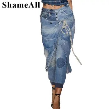 

Plus Size Harajuku Ripped Hole Lace Up Joggers Capris Denim Pants 4xl Women Streetwear Button Up Tassel Ankle-length Trousers