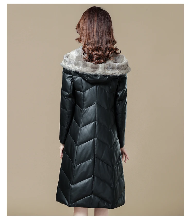 HANZANGL зимнее модное пальто из овечьей кожи, новинка, женский норковый меховой воротник, тонкий кожаный пуховик, длинное пальто, красный/синий/черный