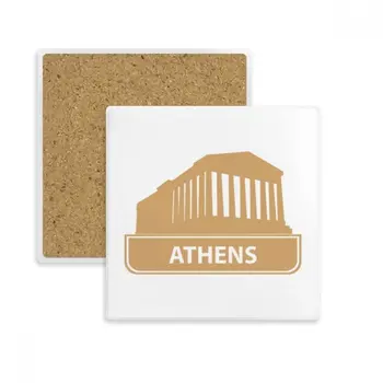 

Athens Greece Yellow Landmark Pattern Square Coaster Cup Mug Holder Absorbent Stone for Drinks 2pcs Gift