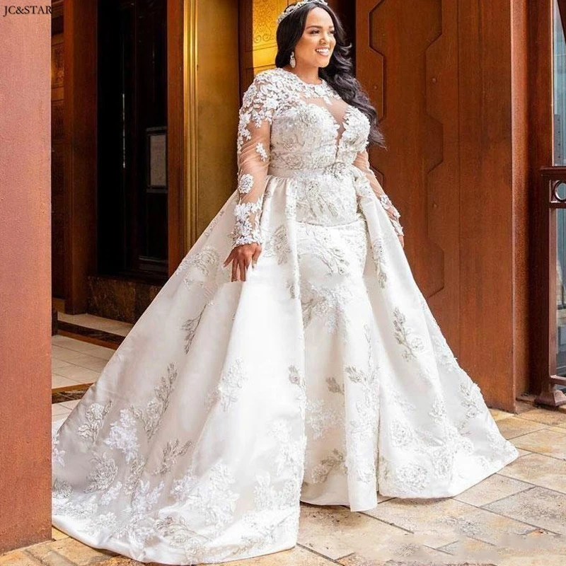 Afrikaanse Mermaid Kant Trouwjurken Met Afneembare Rok Lange Mouw Land Vestido De Novia Bruid Bruidsjurk Trouwjur Afrikaanse Mermaid Kant Trouwjurken Met Afneembare Rok Lange Mouw Land Vestido De Novia Bruid Bruidsjurk Trouwjur