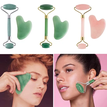 

2 in 1 Green Roller and Gua Sha Tools Set by Natural Jade Scraper Massager with Stones for Face Neck Back and Jawline