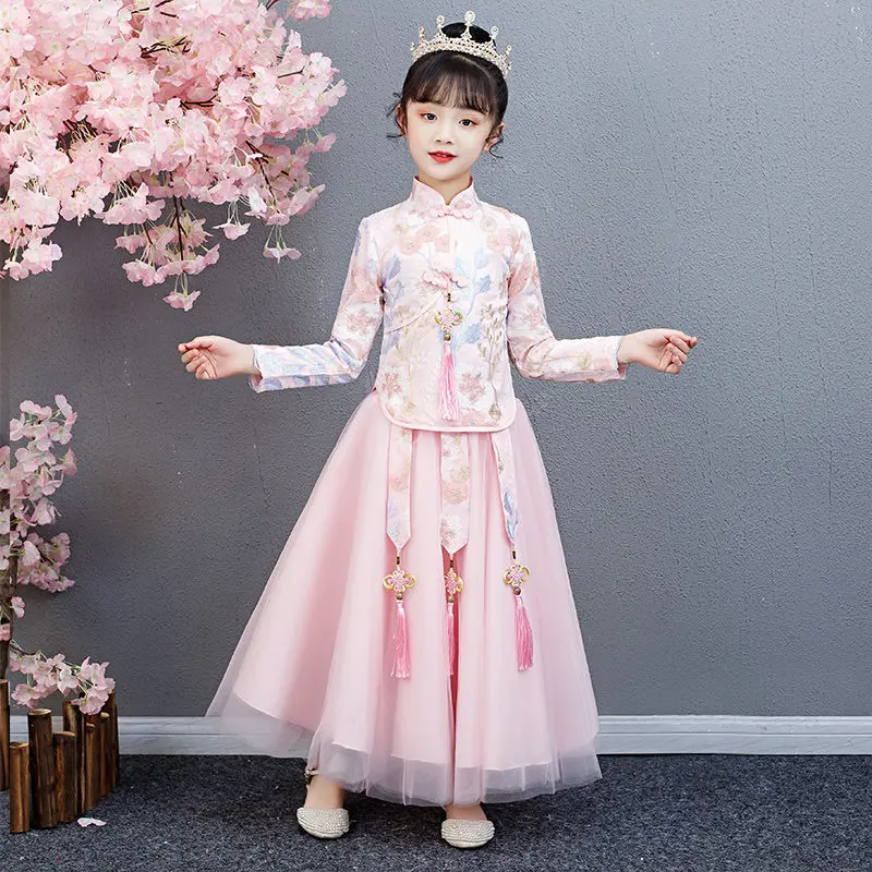 Hanfu/ г. Теплая одежда на год для девочек; китайский стиль; Детский костюм в стиле Тан; осенне-зимний бархатный костюм в древнем стиле - Цвет: pink