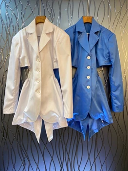 

2020 Spring and Summer New Women's Lapel Button a Word Swing Backless Long Sleeve Loose Mid-Length Top 615