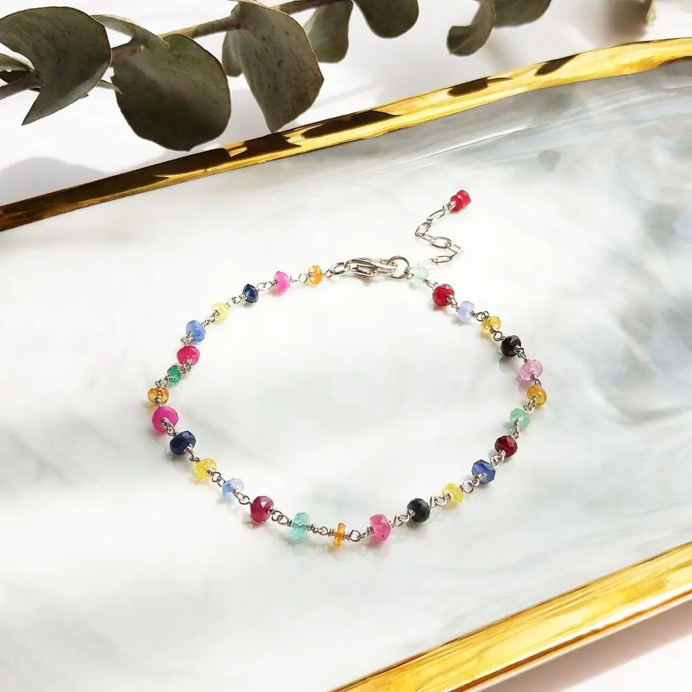 Lii Ji Gemstone Emerald Ruby Sapphire Natural Beads 925 Sterling Silver Platinum Color Handmade Adjustable Bracelet For Gift | Украшения и