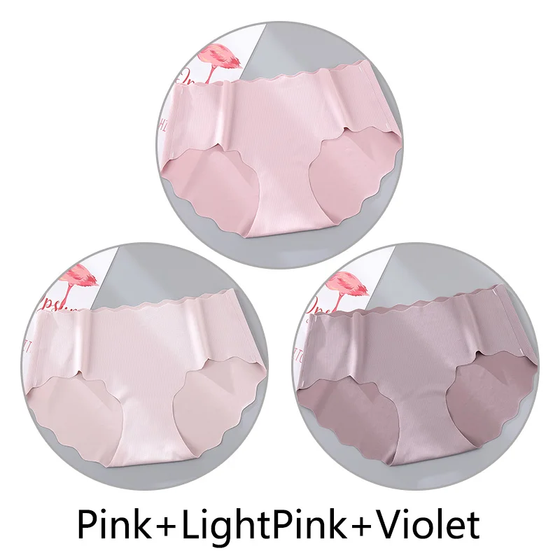 Pink L-Pink Violet 3Pcs Sexy Ruffles Panties Women Soft Seamless Briefs Ice Silk Breathable Underwear Ultra Thin Intimates Lingerie Solid M-XL New - Цвет: Pink L-Pink Violet
