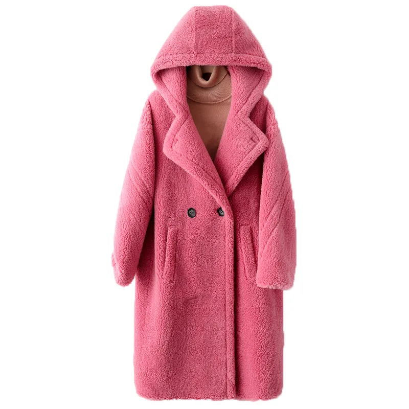 

2023 Winter New Fashion Granule Sheep Shearing Coat Women Korean Hooded Mid-Length Fur Jacket Female Pocket Loose Overcoat G1721