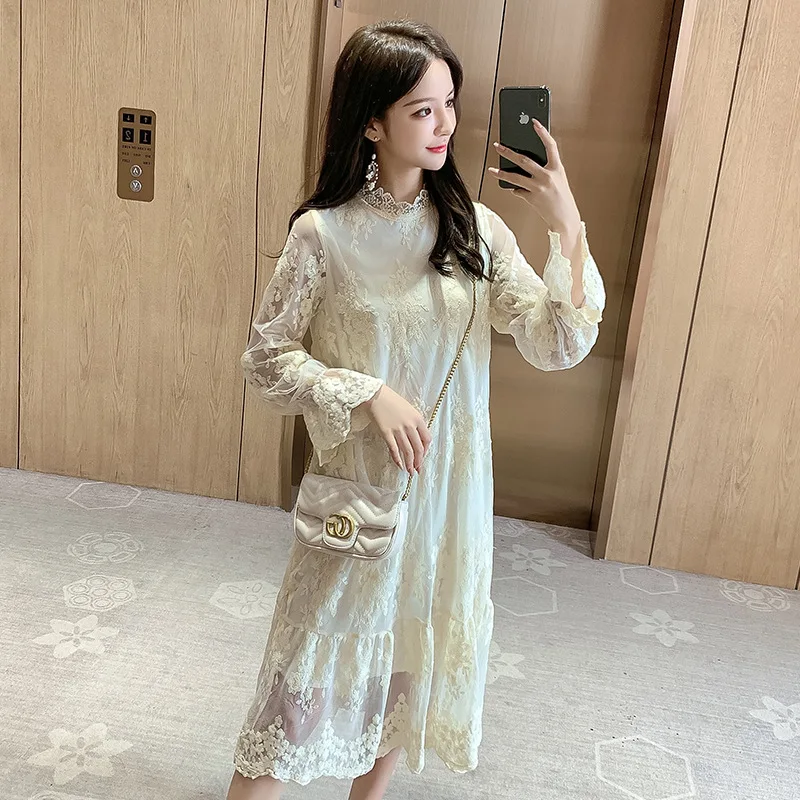 

2020 Spring Clothing New Style Versatile Elegant Very Fairy of Lace Dress Mid-length Base Explicit Thin Female Clothing Fashion