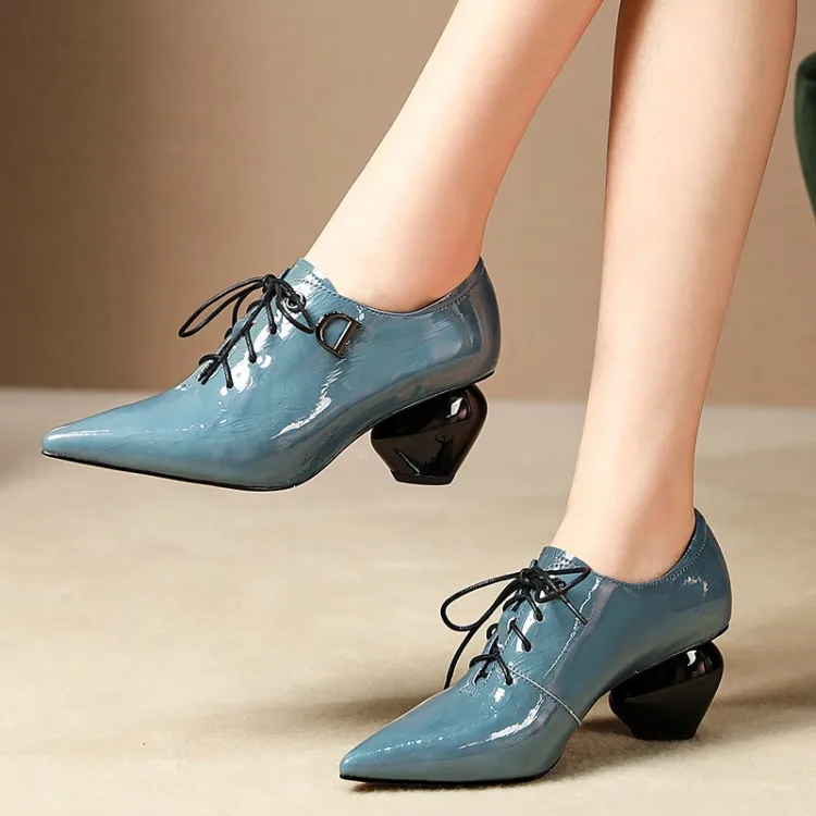 

Fashion Simple Genuine Leather Pointed Toe Chunky Heel Solid Color Lace-up Europe And America Deep Mouth Low Top Semi-high Heele