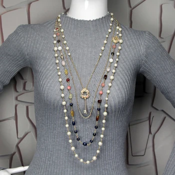 

Long Sweater Chain Ornaments Imitation Pearl Key Girl Dress Multilayer Long Necklace
