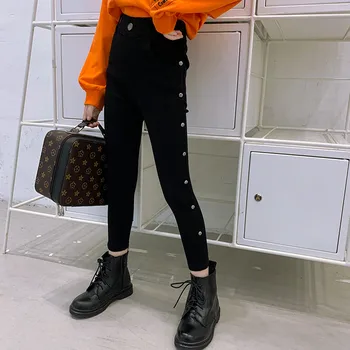 

Girls Pencil Pants Rivet Black Leggings 10 12 years Fashion 2020 Autumn New Children's All-match Slim Trousers