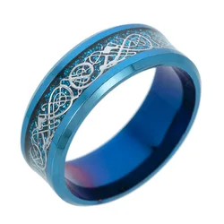 Bold Red & Green Carbon Fiber Dragon Inlay Men's Stainless Steel Comfort Fit Ring (No engraving)