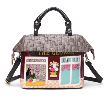 

Women Bags Leather Patchwork Embroidery Handbags Girl Shoulder Bags Messenger Bag Totes Braccialini Style Art Cartoon House