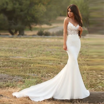 

Latest Design Spaghetti Straps Floral Lace Bodice Court Train Mermaid Crepe Australian Wedding Dress