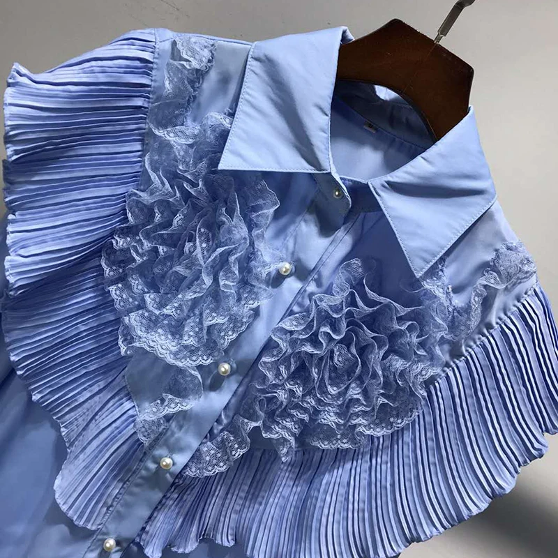 AELESEEN High Quality Blue Blouse Runway Fashion