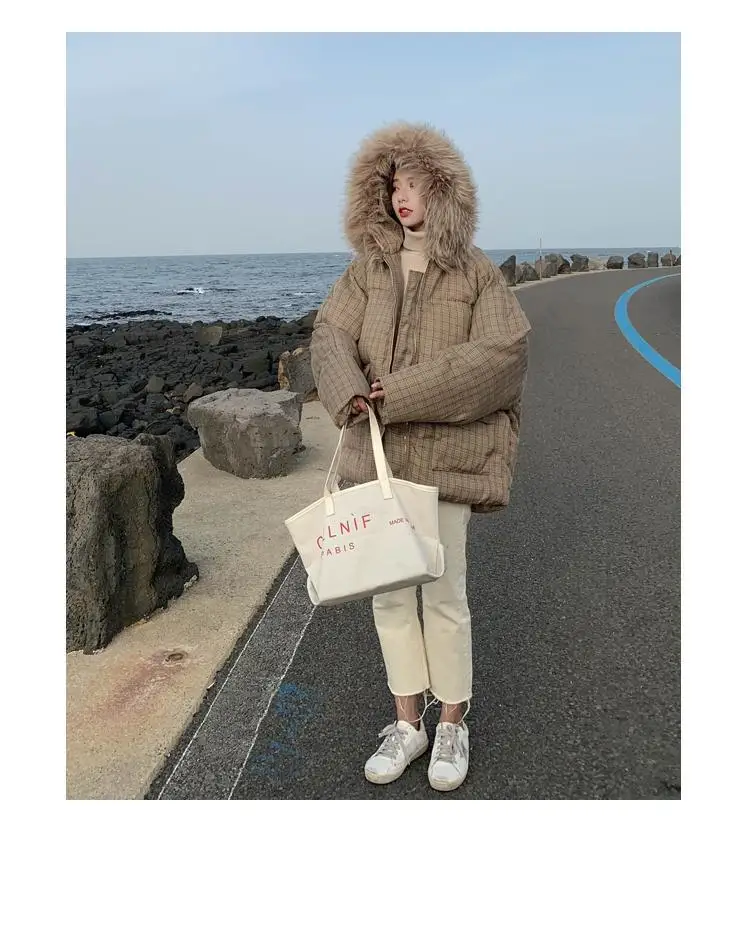 Large Fur Collar Plaid Cotton Coat Women's Short Korean-style New Style Students down Coat CHIC Cotton-padded Jacket Loose
