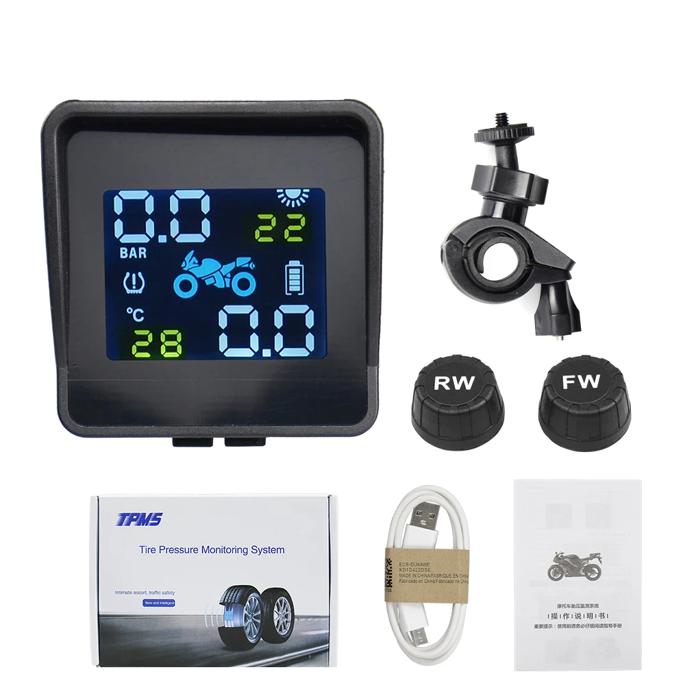 USB Solar Charging Motorcycle TPMS Motor Tire Pressure Tyre Temperature Monitoring Alarm System with 2 External Sensors