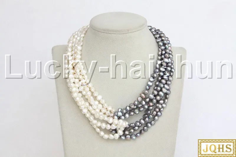 

JQHS 17" 8mm 6Strand Baroque Freeform potato white gray freshwater pearls Beaded Strand necklace pearl clasp j11831