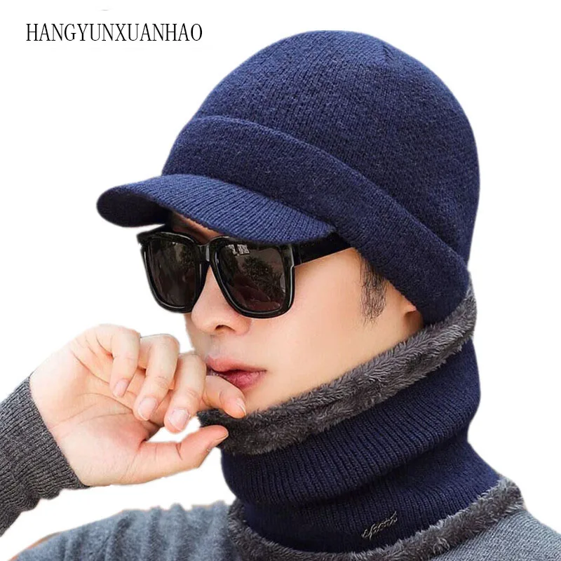 

2019 Winter Warm Men Baseball Cap Thickened add velvet Men's Beanies Cap Hat Father Knitted Hats Men Collar Scarf