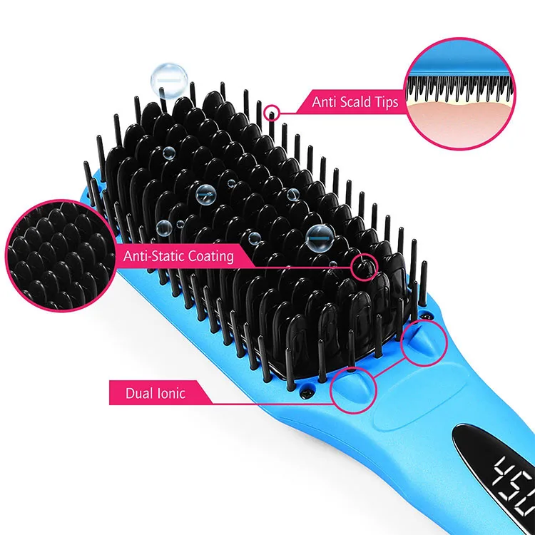 Enhanced Hair Straightener Brush 2-In-1 Ionic Straightening Brush With Anti-Scald Feature Auto Temperature Lock And Auto-Off F