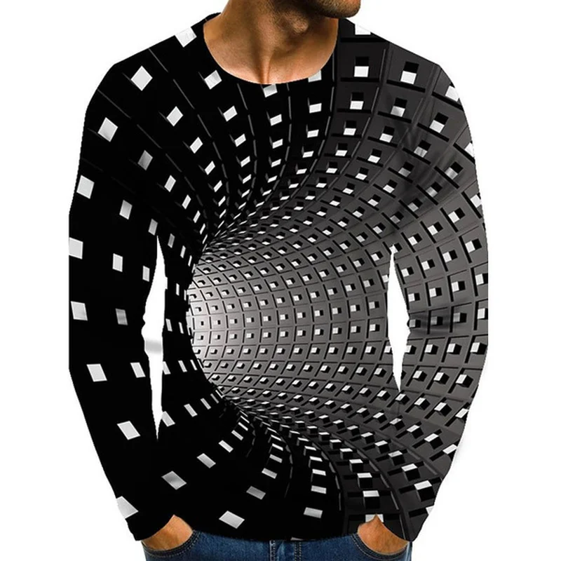 Mens Shirts Graphic Optical Illusion Plus Size Print Long Sleeve T shirts Spring Summer Streetwear Exaggerated Round Neck Tops