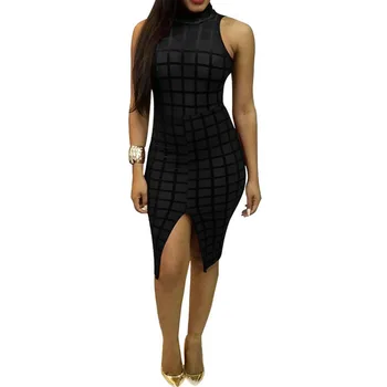 

Black High Neck Sleevelss Split Front Knee Length Sheath Elegant Women Cocktail Dress Night Evening Gowns Cocktail Dresses