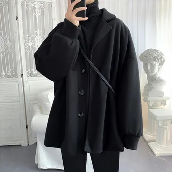 

Winter New Woolen Coat Men's Fashion Solid Color Casual V-neck Woolen Jacket Man Streetwear Loose Cotton Woolen Coat Male M-2XL