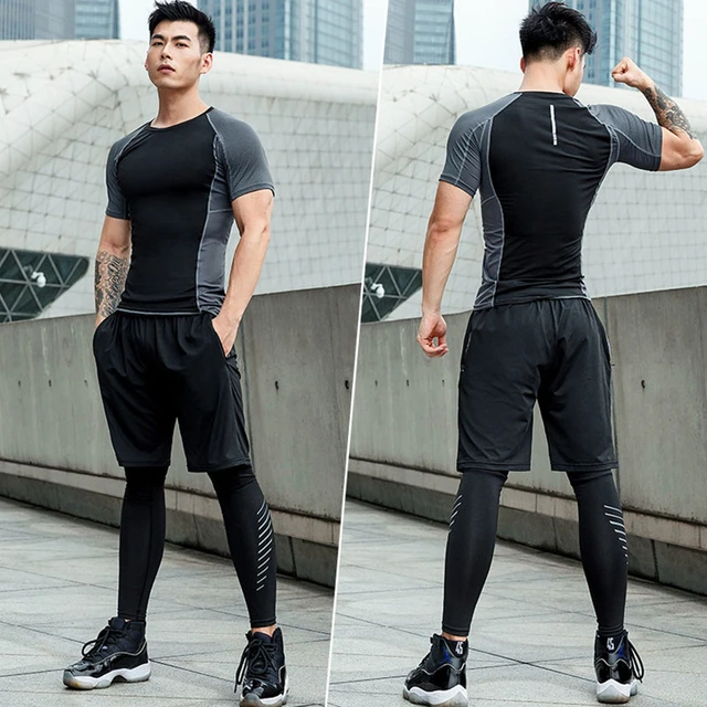 Man Sportswear Hooded Gym Clothes Reflective Quick dry Workout Clothes Black Gray Training Jogging Running Sports