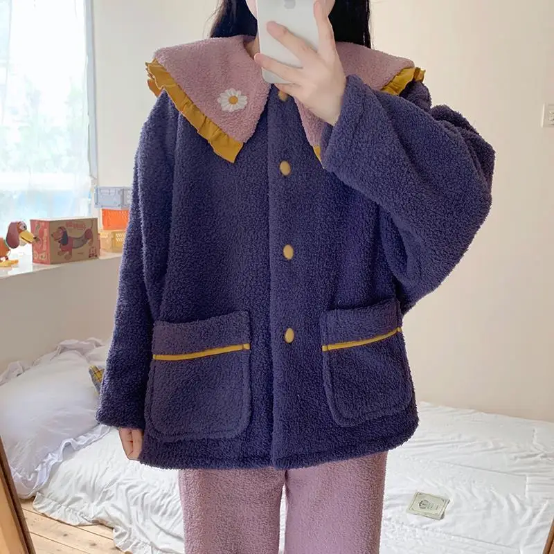 

Pajamas Women Korean Version of Sweet Lamb Wool Simple Pure Color Lapel Plush Nightshirt Long Sleeve Trousers Home Casual Wear