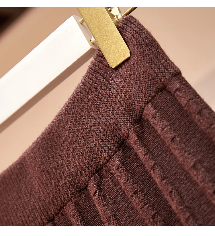 Плюс размер повседневная сплошной цвет вязания миди юбка женская осень зима теплая элегантная эластичная высокая талия линия тонкая складчатая юбка