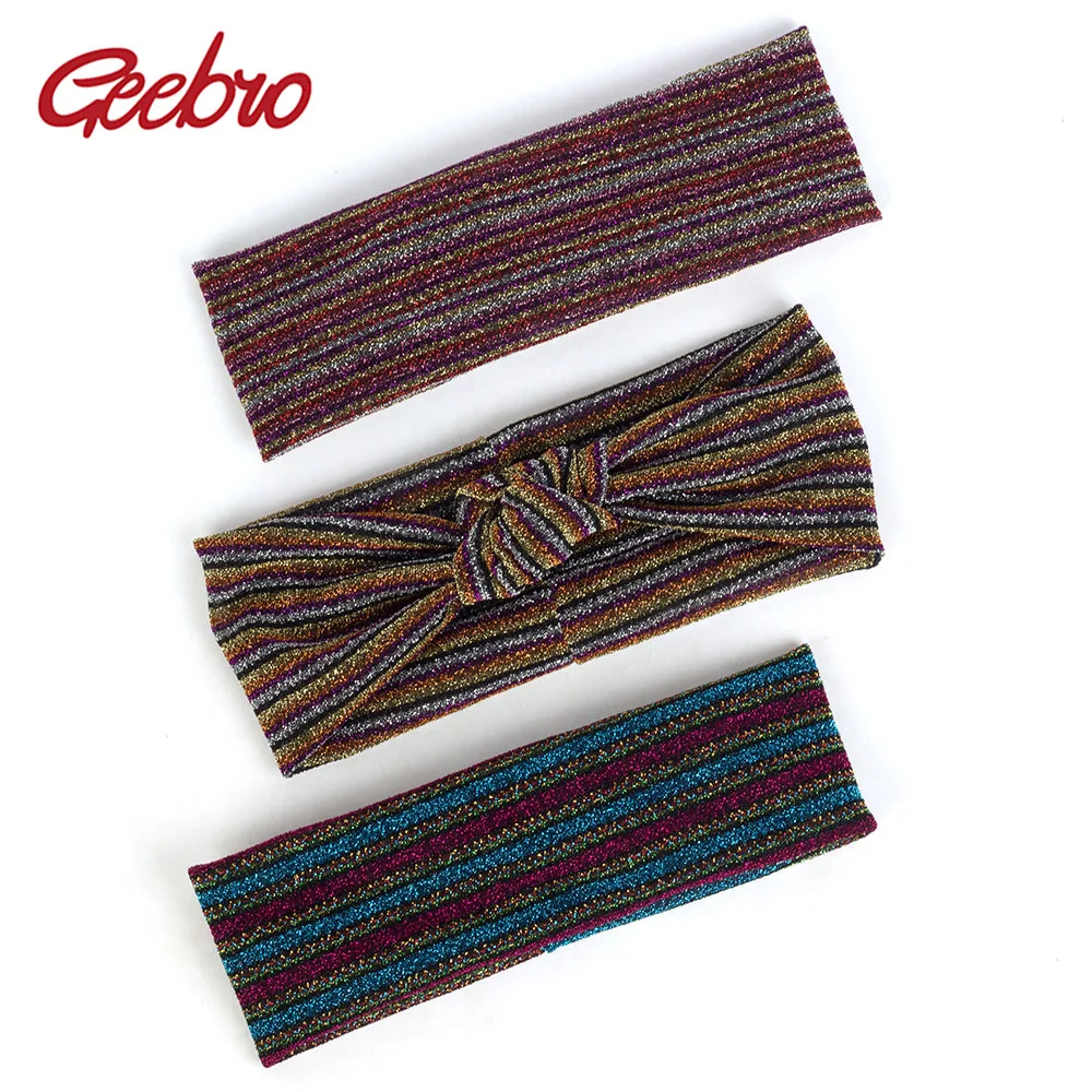 

Geebro New Shiny Bow Knotted Elastic Headband Women Striped Retro Casual Hairband Female Summer Headwear Hair Accessories Turban