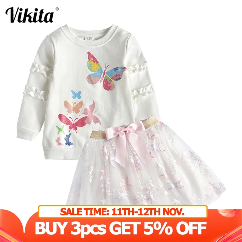 

VIKITA Girl Autumn Casual Clothing Sets Unicorn Butterfly Rabbit Long Sleeve Tops and Bow Mini Skirts Set Children 2pcs Clothing
