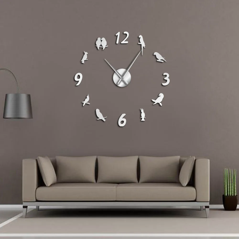 Parrot Acrylic Mirror Wall Stickers Cockatoo DIY Big Wall Clock Tropical Bird Art Ornithology Home Decor Hanging Watch
