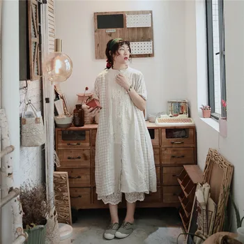 

Women's literary summer cotton plaid lace stitching mid-length stand collar casual loose plus size dress