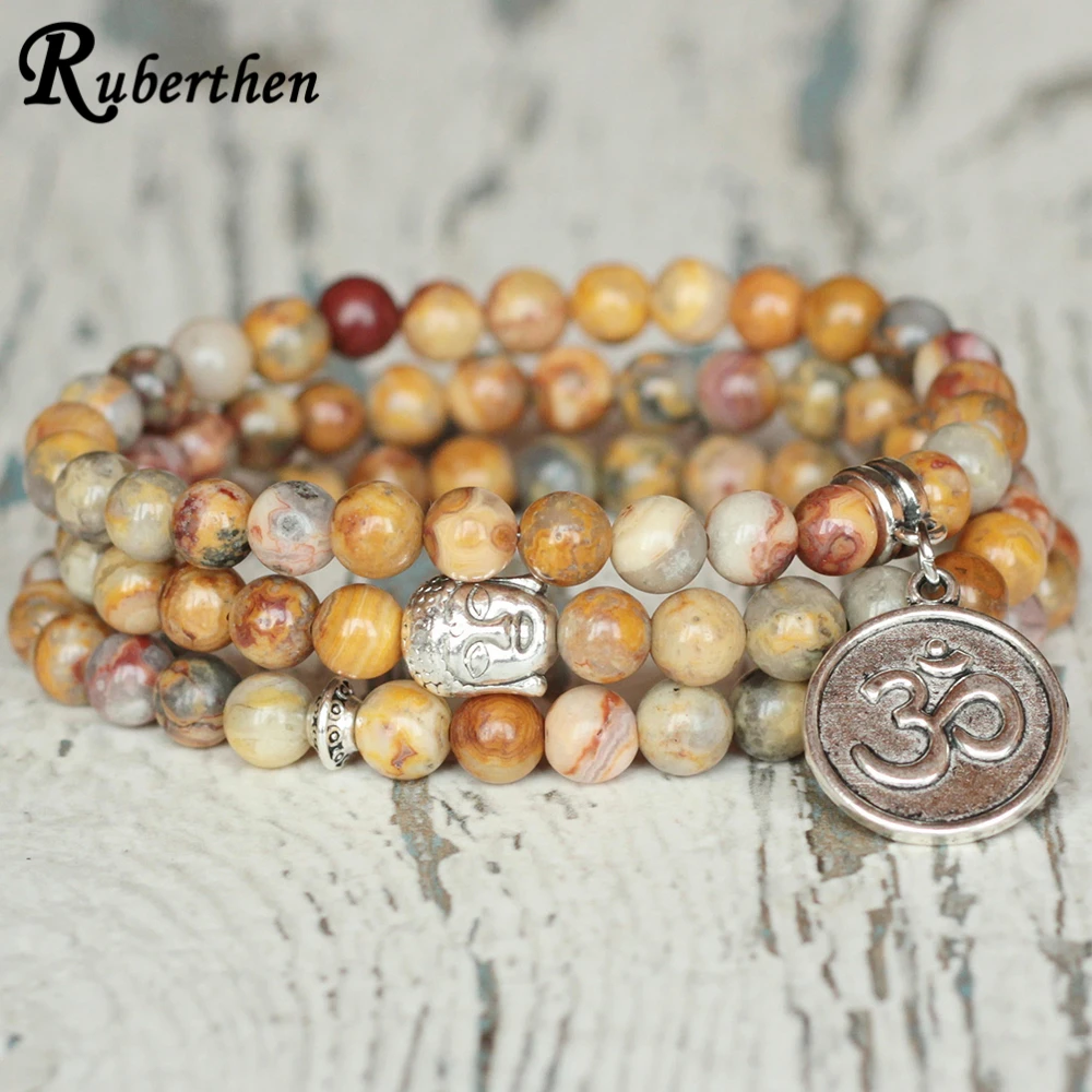 Ruberthen 6 мм Crazy Agates 108 мала-Йога браслет Исцеление натуральные кристаллы энергии браслет Ом Шарм мала бусины ювелирные изделия