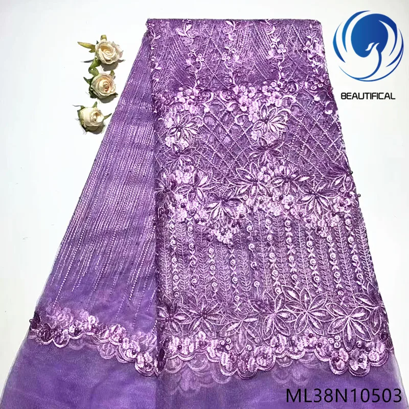

BEAUTIFICAL african lace fabrics Latest fashion net lace fabric wth beads nigerian lace fabric for dress 5yards/lot ML38N105