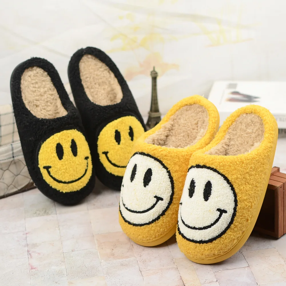 Winter Womens Slippers Fluffy Fur Smile Big Smile Deco Slipper Shoe Short Plush Zapato De Mujer Flats Couple Shoes Indoor Shoes