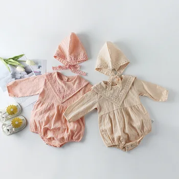 

Sweet Baby Girls Lace Ruffles Candy Cotton Rompers with Hats Pink and Beige Color Spring Autumn Fashion Toddler Children Clothes