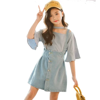 

2020 Autumn Winter Girls Fashion Striped T-shirt top+Strap Dresses Kids Children's Clothing Suit