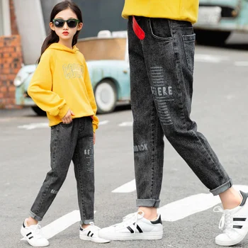 

Girls Stretch Slim Jeans 2020 Spring New School Casual Trousers Big Girls Black Gray Trousers Fashion Pants Children Clothing