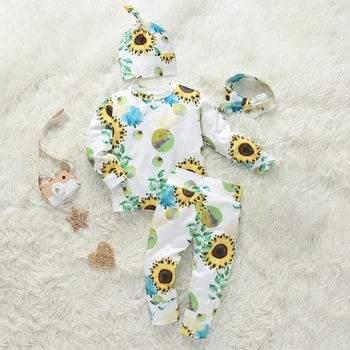 

2020 New Spring Baby Boy Girl Clothes Toddler Infant Newest Fashion Sunflower Printed Cotton 4Pcs Set Long Sleeve Clothes
