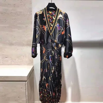 

French elegance 2019 winter new retro chain print V-neck waist women mid-calf irregular pleated dress
