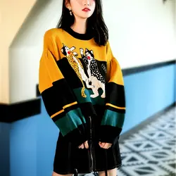 Корейский Харадзюку весна осень женский вязаный свитер шикарный o-образный вырез фонарь рукав мультфильм шаблон короткий стиль свитер