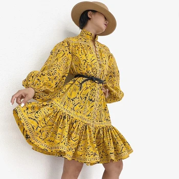 

autumn 2020 new holiday style yellow print retro style high neck short dress
