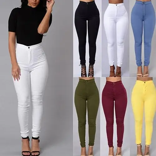 Pantalones vaqueros elásticos informales para mujer, de color liso de color caramelo pitillo, Vaqueros ajustados de cintura alta, vaqueros de talla grande
