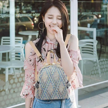 

Small Travel Backpacks Women Straw Woven Shoulder School Bags Casual Knapsack Knitting Rucksack Bag Light Khaki
