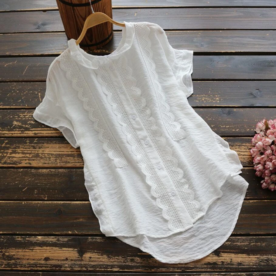 de algodón para mujer, blancas de verano abotonadas, Top de manga corta de retazos encaje azul, camisas holgadas con cuello de volantes|Camisa| - AliExpress