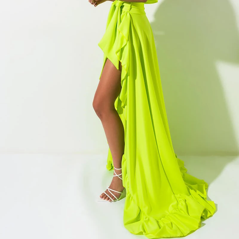 Chic Neon Green Chiffon High Low Long Women Skirts To Party Sash Fashion Tiered Summer Maxi Skirts Ruffles