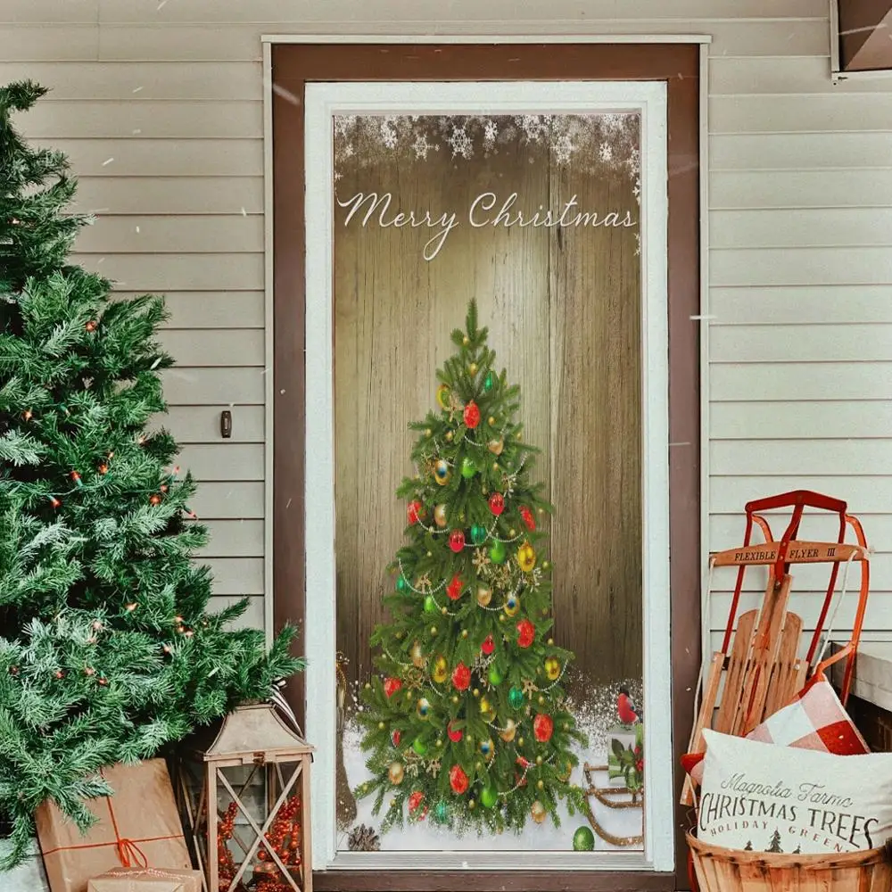 Merry Christmas Tree Washable Door Covers Elastic Fabric Reusable Posters Custom Front Banners (Not Wall Stickers) | Дом и сад