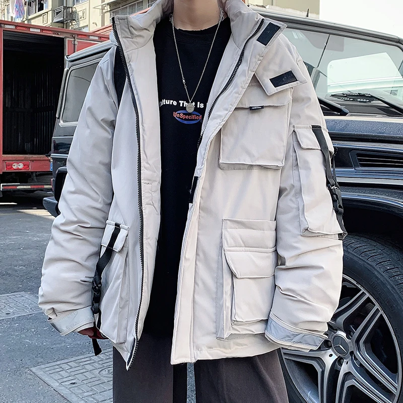 Winter Short Coat Men Warm Thick Parka Men Fashion Reflective Strip Hooded Coat Man Streetwear Loose Tooling Jacket Male Clothes - Цвет: creamy-white
